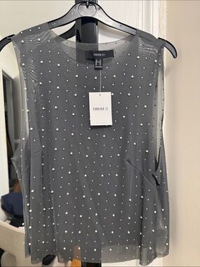 Forever 21 Black Sheer Pearl-Embellished Tank Top
